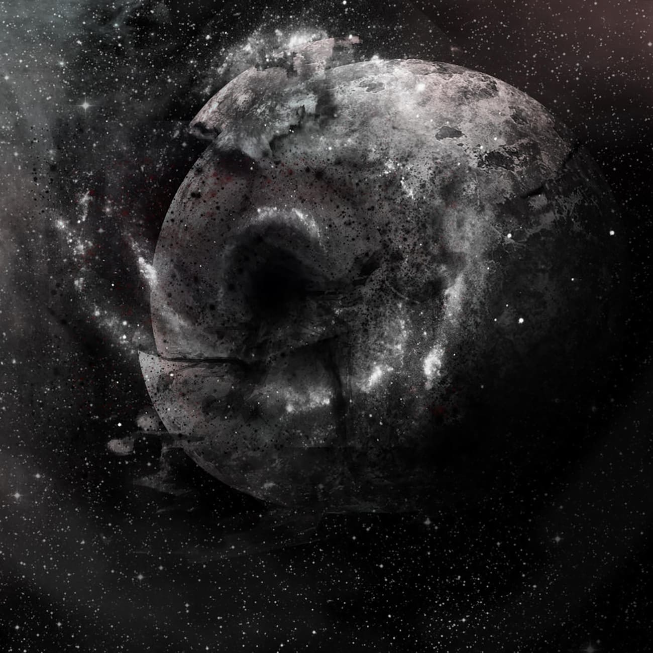 Mjesec uništen udarom asteroida, s krhotinama u svemiru.