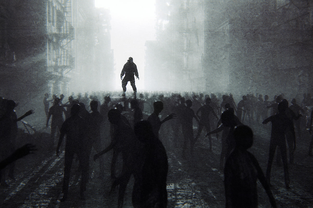 Apokaliptična scena zombi invazije u ruševinama grada.