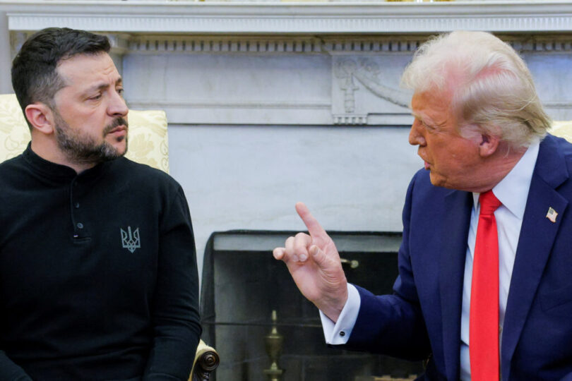 U.S. President Donald Trump talks with Ukrainian President Volodymyr Zelenskiy at the White House in Washington, D.C., U.S., February 28, 2025. REUTERS/Brian Snyder