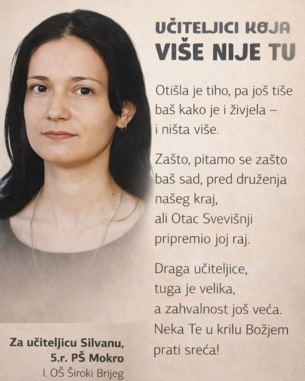 “Učiteljici koja više nije tu”: Mokarski učenici posvetili pjesmu učiteljici koja ih je prerano napustila